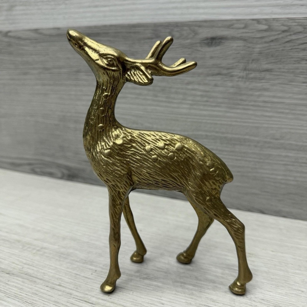 Vintage Brass Deer Reindeer Statue Set of 2 Buck and Doe 4 1/2" and 7" Tall EUC - Picture 3 of 9